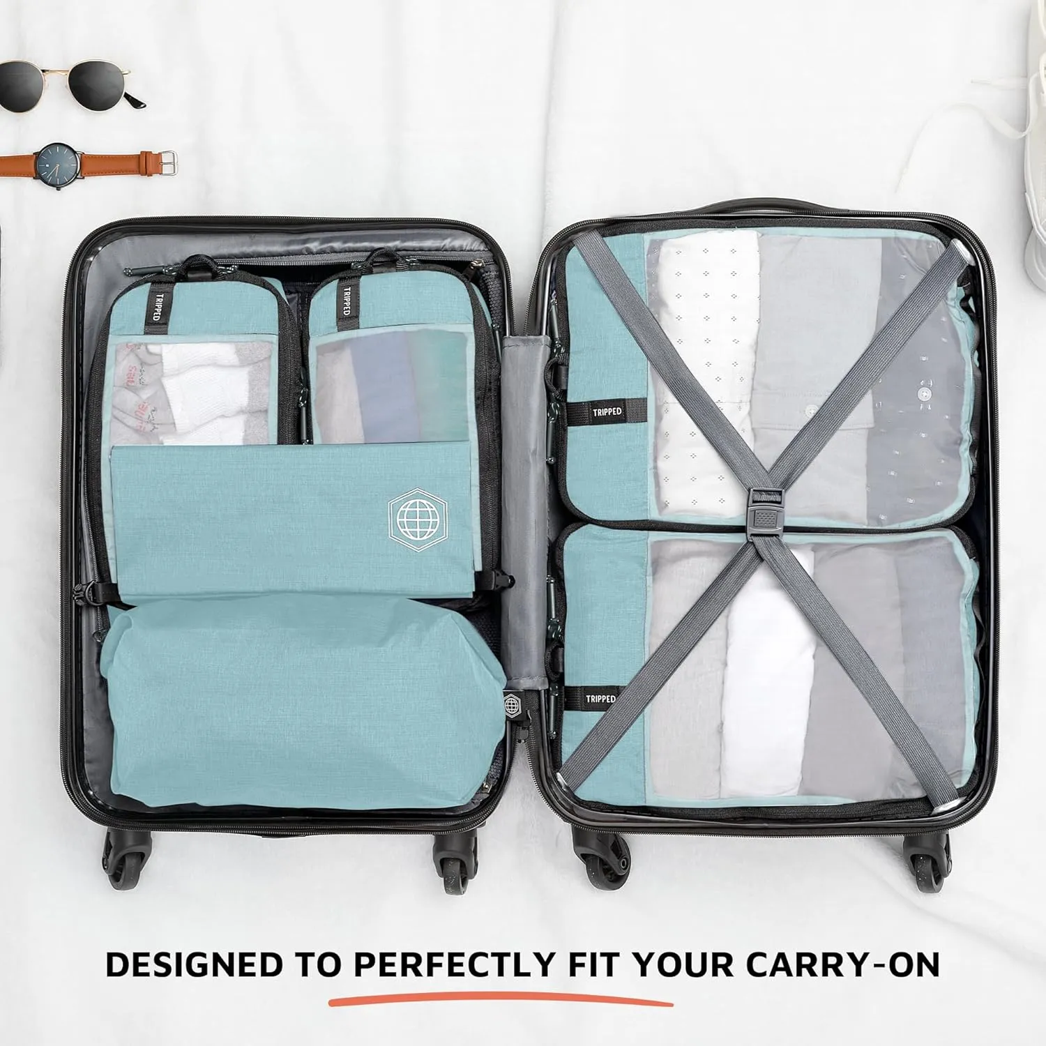 Premium Compression Packing Cubes for Travel, Compression Packaging Cube, Zip Bags Premium 6-Piece Set with laundry bag and shoe bag by TRIPPED Travel Gear (Dusty Teal Mesh)