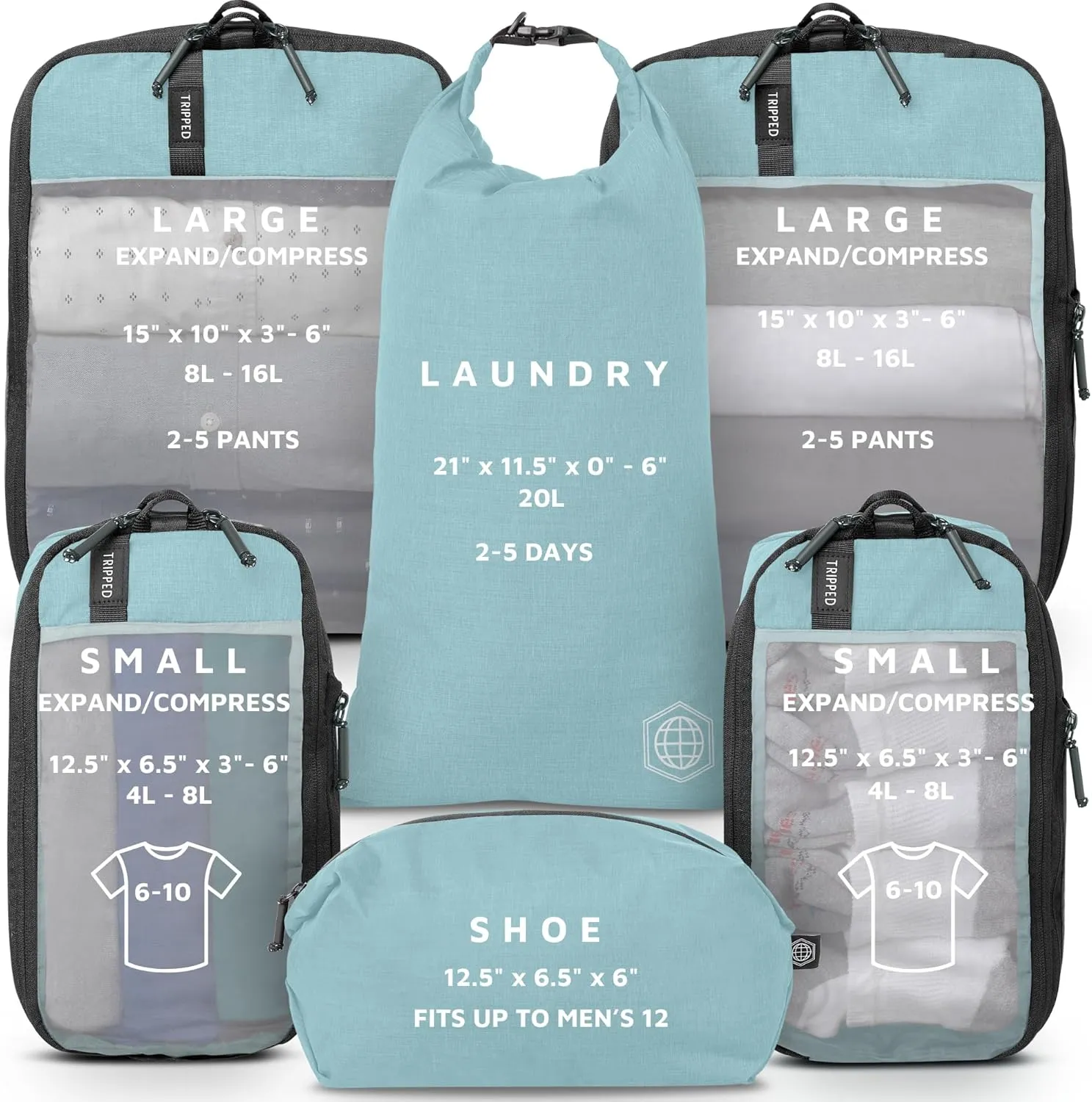 Premium Compression Packing Cubes for Travel, Compression Packaging Cube, Zip Bags Premium 6-Piece Set with laundry bag and shoe bag by TRIPPED Travel Gear (Dusty Teal Mesh)