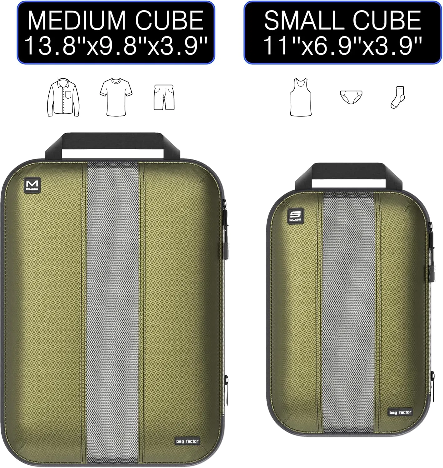 Premium Ultralight Compression Packing Cubes for Travel - Bag Factor Luggage Organizer Set (Double Sided Clean Dirty - Olive Green - 2 Set)