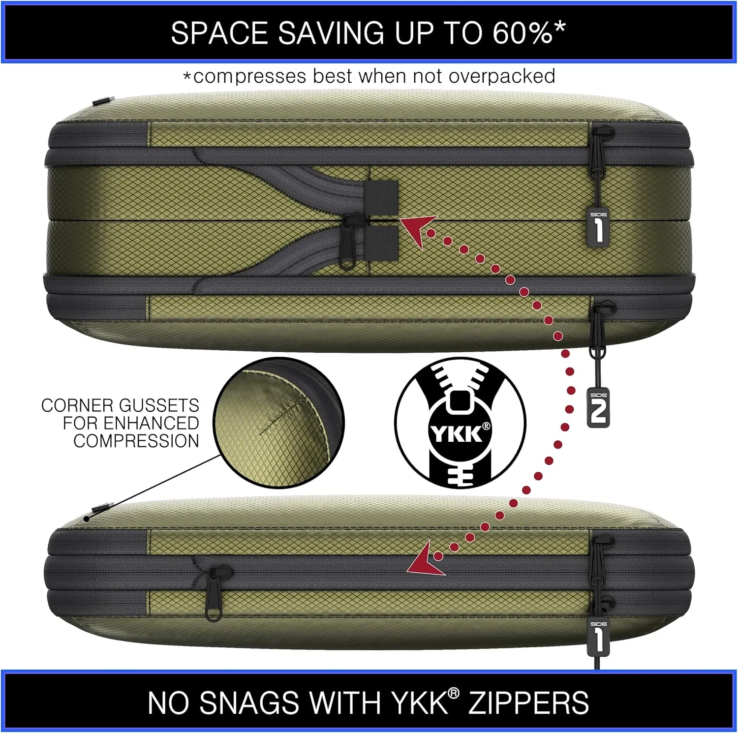 Premium Ultralight Compression Packing Cubes for Travel - Bag Factor Luggage Organizer Set (Double Sided Clean Dirty - Olive Green - 2 Set)