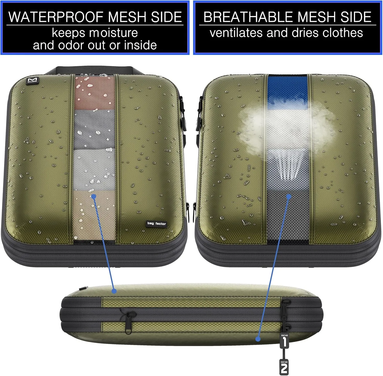 Premium Ultralight Compression Packing Cubes for Travel - Bag Factor Luggage Organizer Set (Double Sided Clean Dirty - Olive Green - 2 Set)