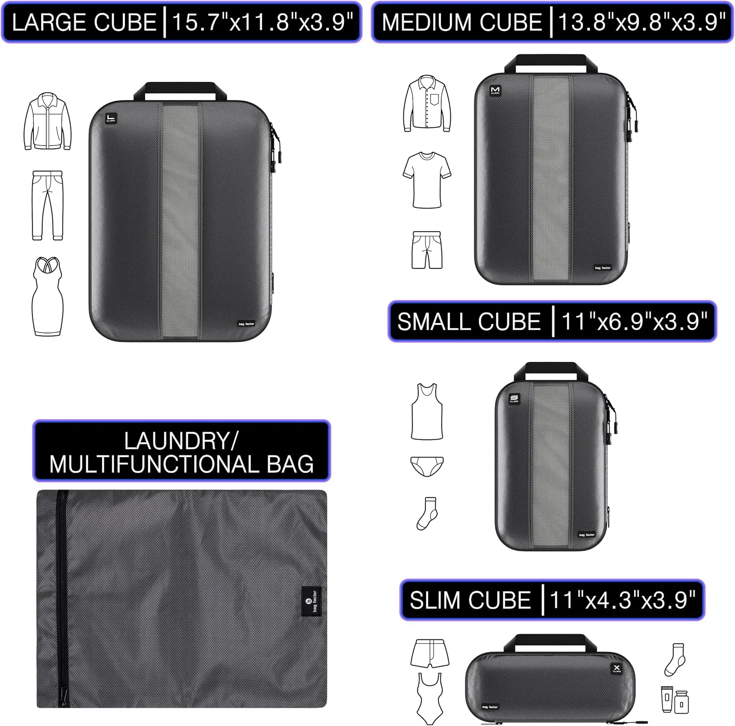 Premium Ultralight Compression Packing Cubes for Travel - Bag Factor Luggage Organizer Set (Grey - 5 Set)