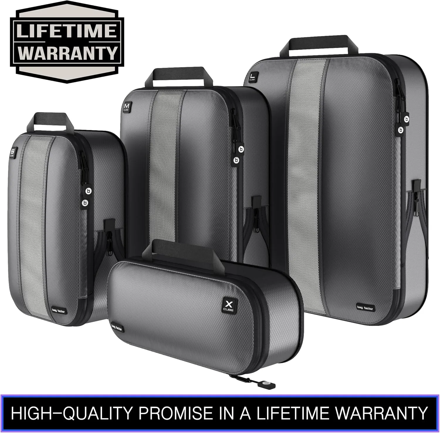 Premium Ultralight Compression Packing Cubes for Travel - Bag Factor Luggage Organizer Set (Grey - 5 Set)