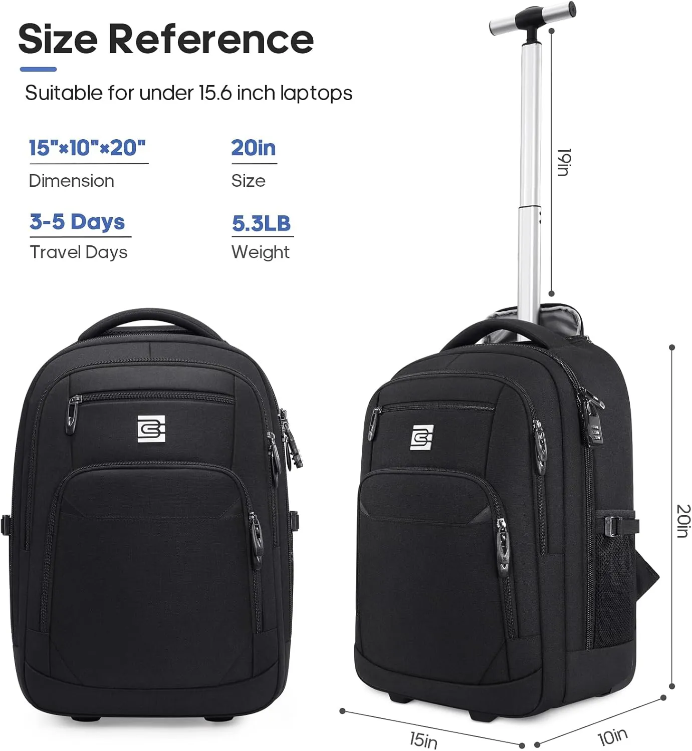 Rolling Backpack, Travel Backpack with Wheels for Men Women, 20inch Wheeled Underseat Bag Carry on Luggage Trolley Suitcase for Business College