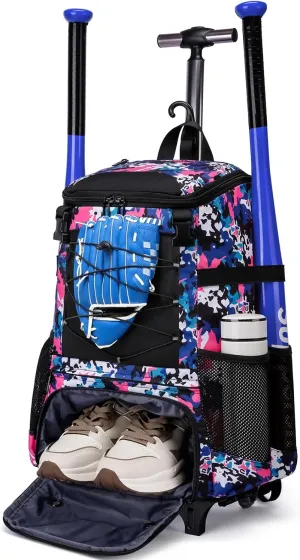 Rolling Baseball Bag Wheeled Softball bag for Adult,Baseball bag with Fence Hook forTeeball Gear,Batting Mitten,Helmet,Bat bag with Shoe Compartment