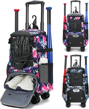 Rolling Baseball Bag with Fence Hook - Wheeled Softball Bat Bag for Adults with Shoe Compartment for Teeball Gear