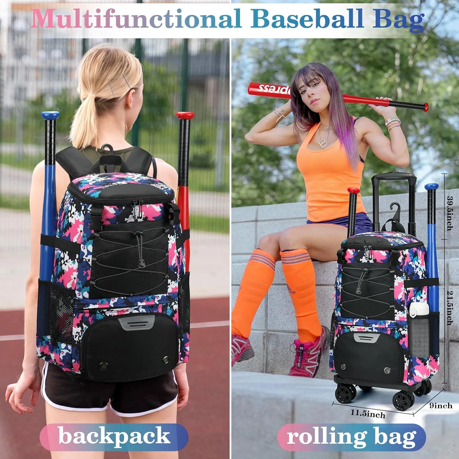 Rolling Baseball Bag with Fence Hook - Wheeled Softball Bat Bag for Adults with Shoe Compartment for Teeball Gear