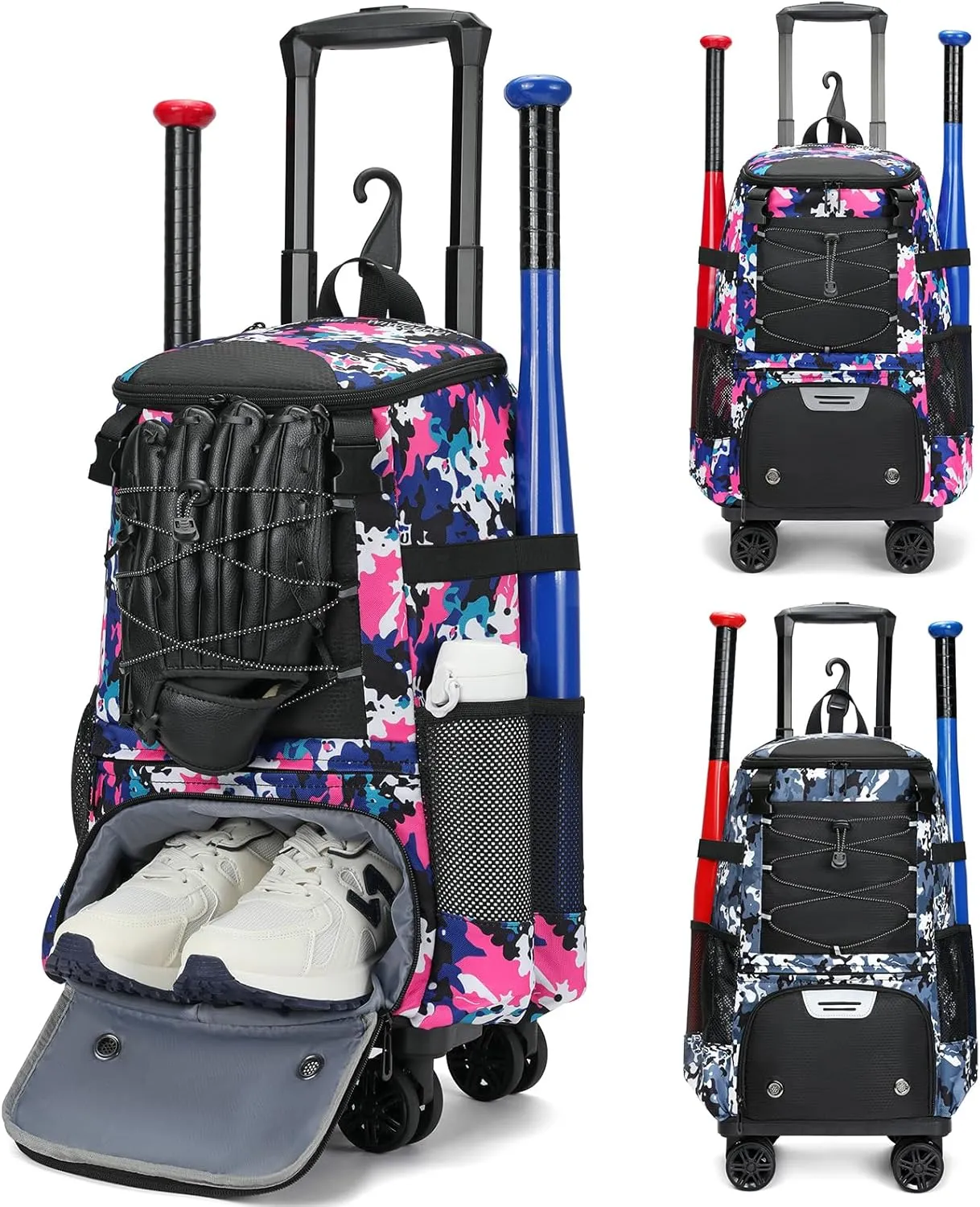 Rolling Baseball Bag with Fence Hook - Wheeled Softball Bat Bag for Adults with Shoe Compartment for Teeball Gear