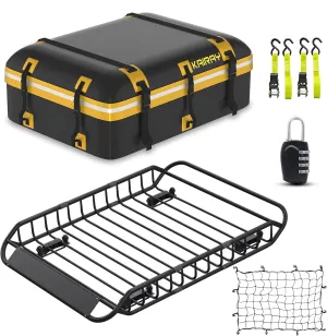 Roof Rack Cargo Basket 50"(L) x 36"(W) x 5.1"(H) Extendable Universal Rooftop Luggage Carrier for Truck Cars SUV with Waterproof Cargo Bag, Cargo Net, Ratchet Straps & Outdoor Combination Lock