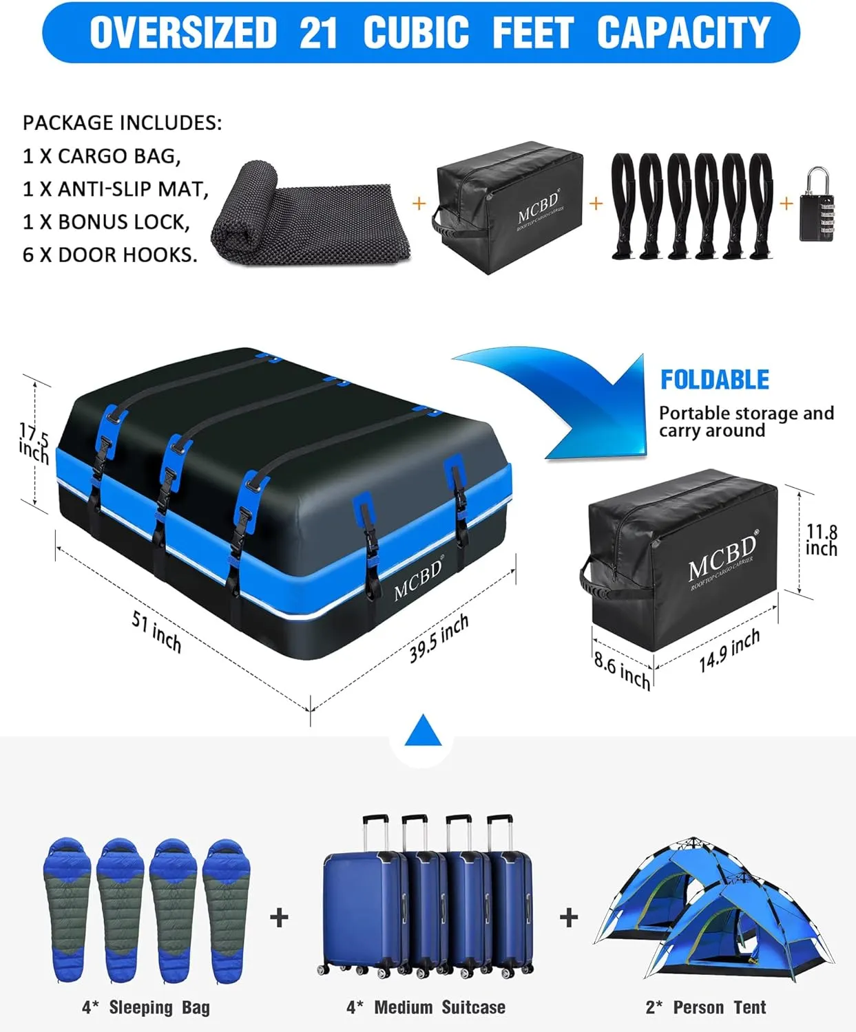 Rooftop Cargo Carrier, 21 Cubic Feet Soft-Shell Waterproof Car Roof Luggage Bag for All Vehicles SUV with/Without Rails, Includes 10 Reinforced Straps   6 Door Hooks,Storage Bag,Anti-Slip Mat