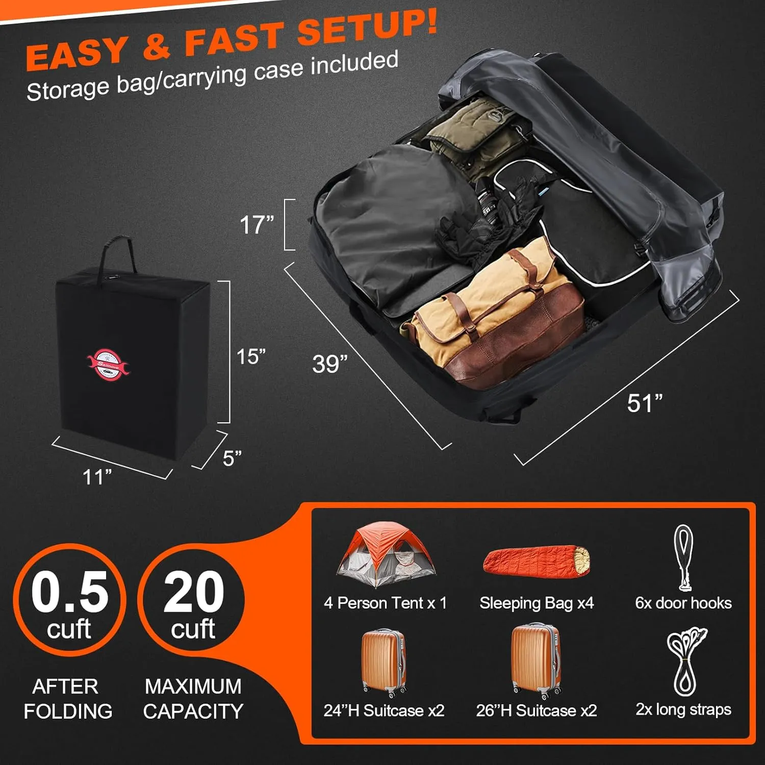 Sailnovo Car Rooftop Cargo Carrier Roof Bag, 20 Cubic feet Waterproof Roof Cargo Carrier fit car Without Luggage Rack - Vehicle Soft Shell Roof Cargo Box with Tie-Down Strap, Safety Hook