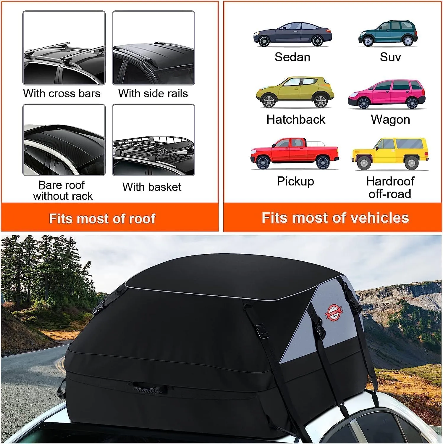 Sailnovo Car Rooftop Cargo Carrier Roof Bag, 20 Cubic feet Waterproof Roof Cargo Carrier fit car Without Luggage Rack - Vehicle Soft Shell Roof Cargo Box with Tie-Down Strap, Safety Hook