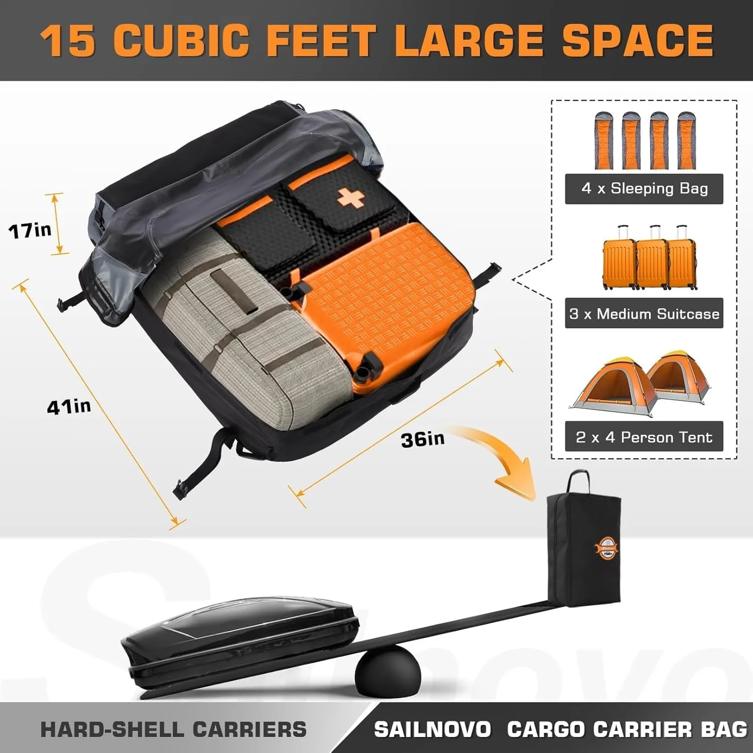 Sailnovo Car Rooftop Cargo Carrier Roof Bag Waterproof 15 Cubic Feet for Top of Vehicle with/Without Rack Car Top Carrier with 4*Door Hooks, Reinforced Straps & Storage Bag 1000D