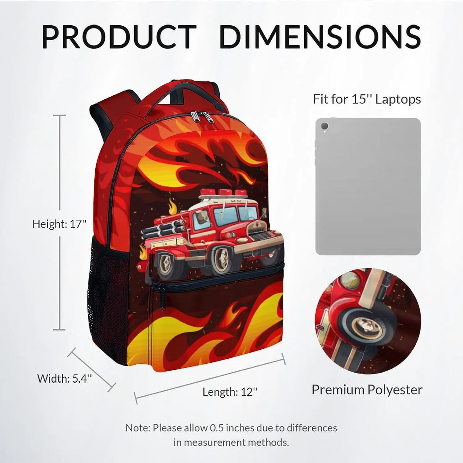 School Backpack for Boys - 17 Inches Large Capacity Fire Truck Bookbag for Kids - Red School Bags for Elementary - Lightweight Cartoon Backpack