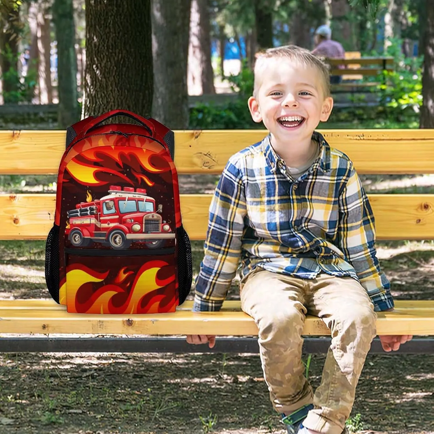 School Backpack for Boys - 17 Inches Large Capacity Fire Truck Bookbag for Kids - Red School Bags for Elementary - Lightweight Cartoon Backpack