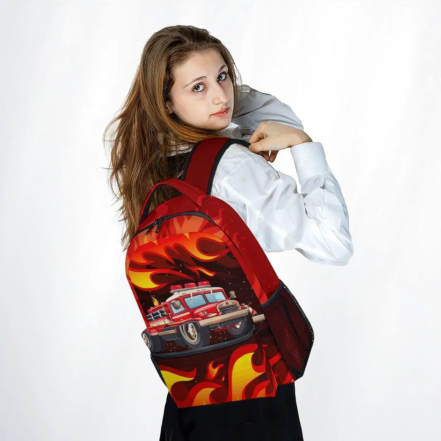 School Backpack for Boys - 17 Inches Large Capacity Fire Truck Bookbag for Kids - Red School Bags for Elementary - Lightweight Cartoon Backpack