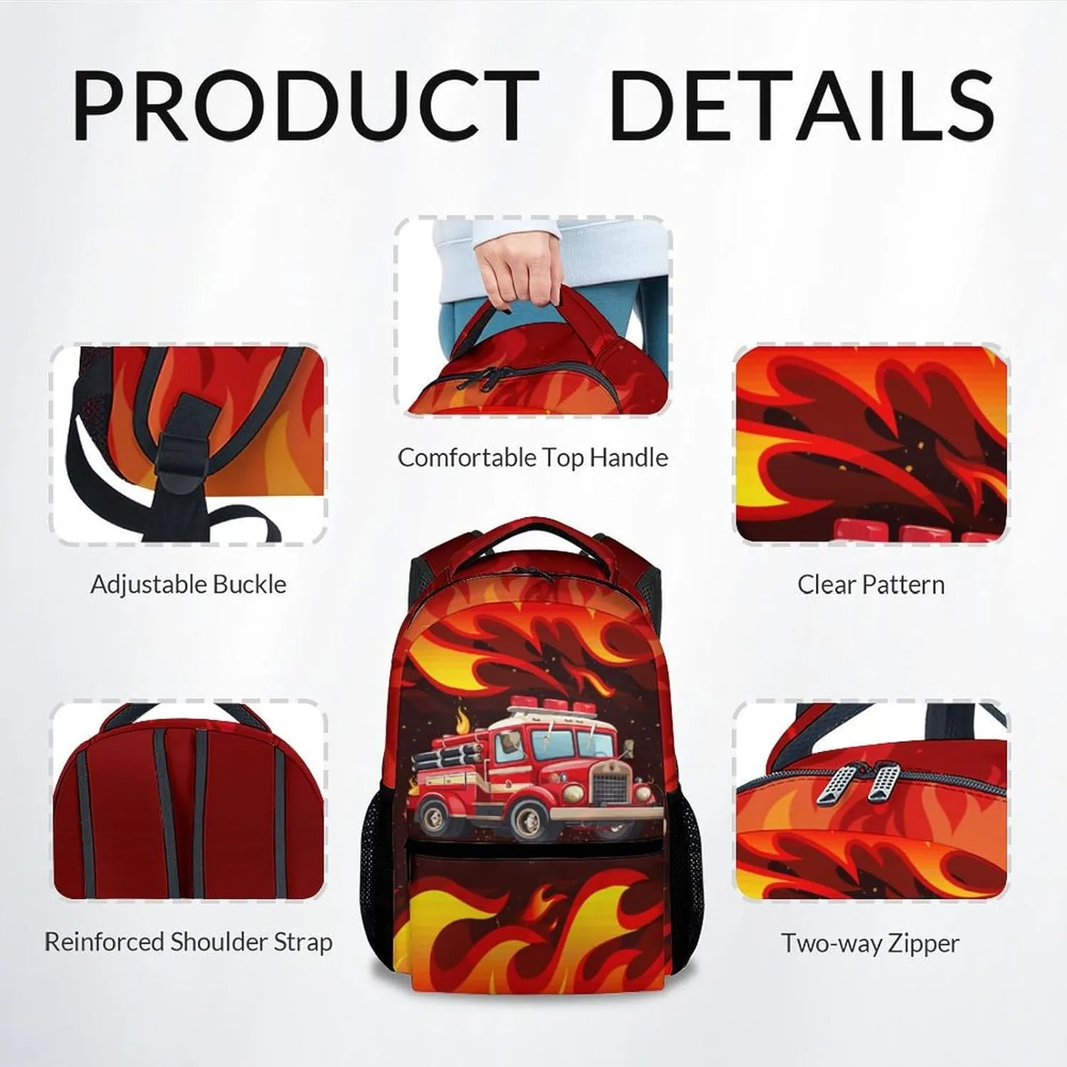 School Backpack for Boys - 17 Inches Large Capacity Fire Truck Bookbag for Kids - Red School Bags for Elementary - Lightweight Cartoon Backpack