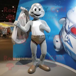 Silver Baseball Glove mascot costume character dressed with a One-Piece Swimsuit and Messenger bags, Large