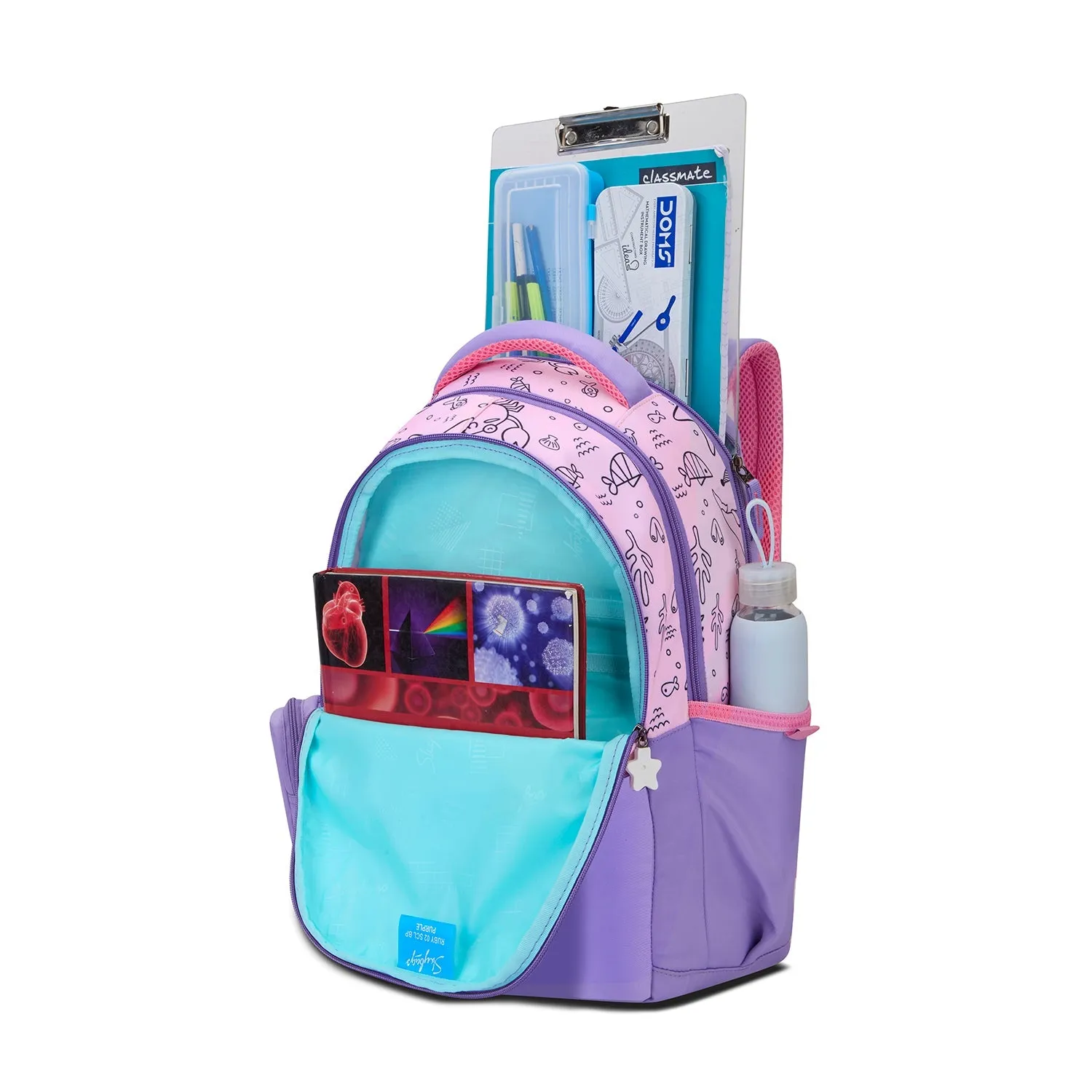 SKYBAGS|Ruby |Purple|School Bag for kids| School Bag for girl|3 Compartments|2 side bottle pockets|22 Litres|Soft Feel Fabric