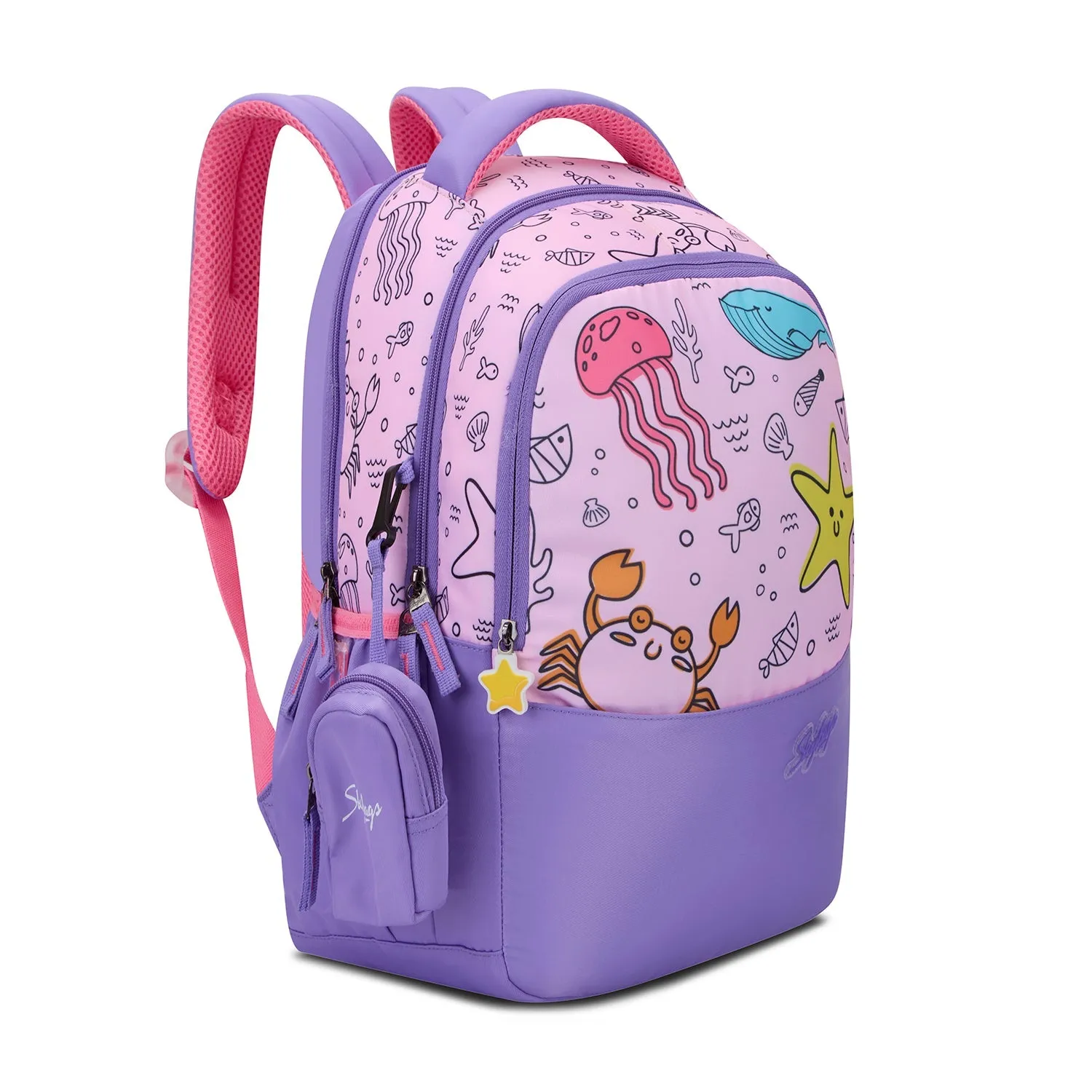 SKYBAGS|Ruby |Purple|School Bag for kids| School Bag for girl|3 Compartments|2 side bottle pockets|22 Litres|Soft Feel Fabric