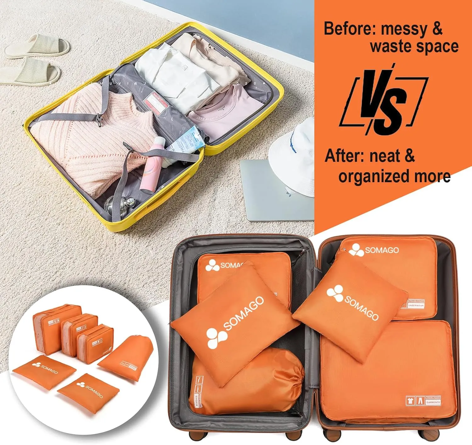 Somago Packing Cubes 6 Set Compression Space Saving Organizers for Suitcases and Luggage with Clothes Shoes Cosmetics Toiletries Storage Bags Travel Essentials (Sunset Orange)