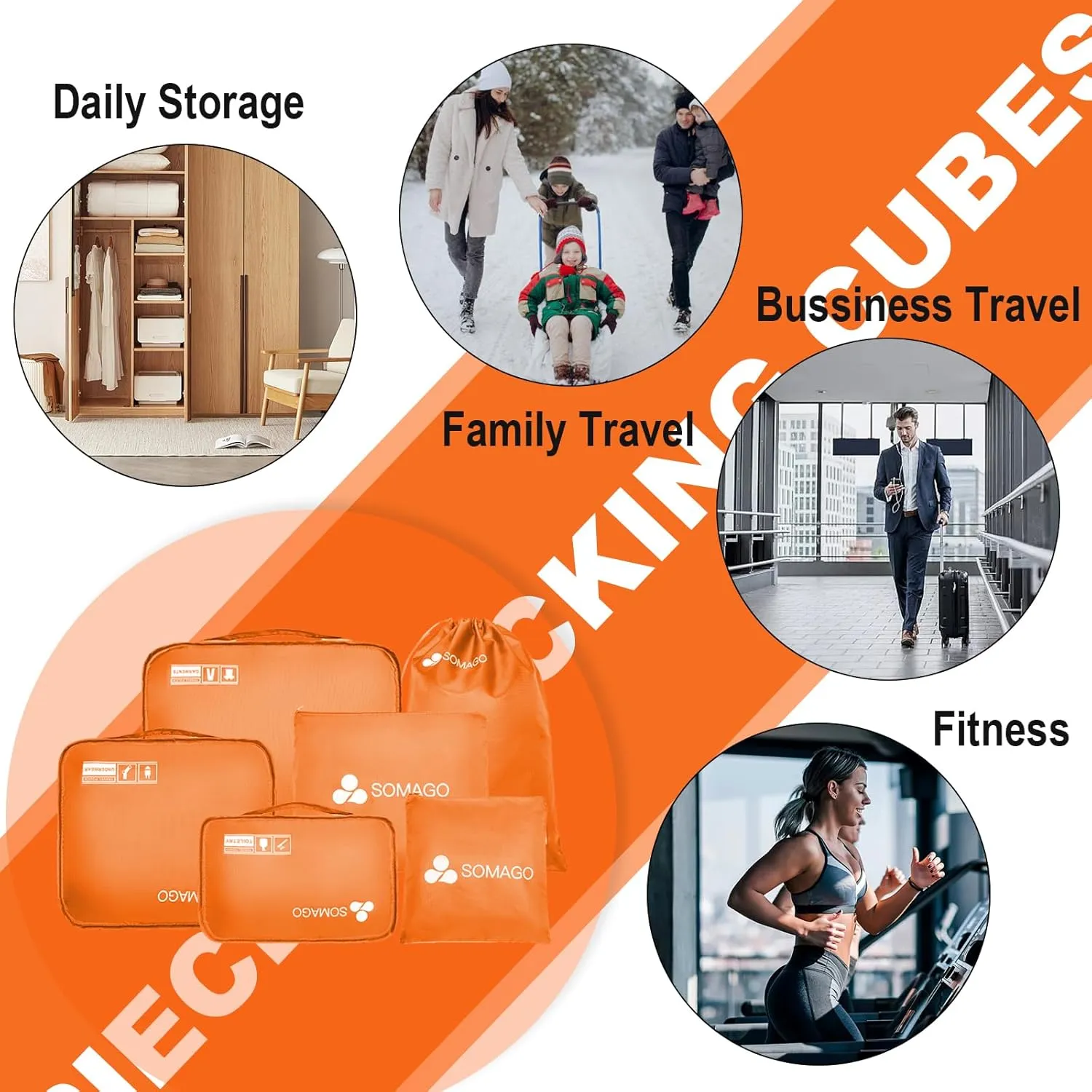 Somago Packing Cubes 6 Set Compression Space Saving Organizers for Suitcases and Luggage with Clothes Shoes Cosmetics Toiletries Storage Bags Travel Essentials (Sunset Orange)