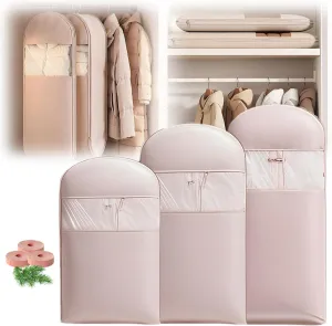 Space Saving Hanging Garment Bag with Self Compression Zipper, with 3 Cedar Blocks, Garment Bags for Hanging Clothes, Dust Cover Clothes Bags for Down Coat (Pink, (Medium Large X-Large)3Pcs)