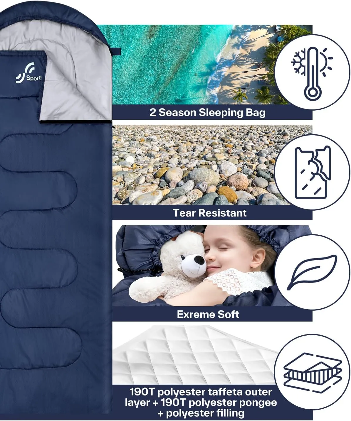 Sportneer Sleeping Bag, 3 Seasons Warm Cold Weather Sleeping Bags for Adults Kids Boys Girls with Compression Sack- Lightweight Camping Essentials Gear Accessories, Backpacking, Hiking