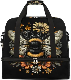 Sports Gym Bag Bee Retro Flower Large Travel Duffel Bag With Shoe Compartment Foldable Waterproof Carry-On Weekend Travel Bags for Camping Overnight Yoga Hospital Travel Bags