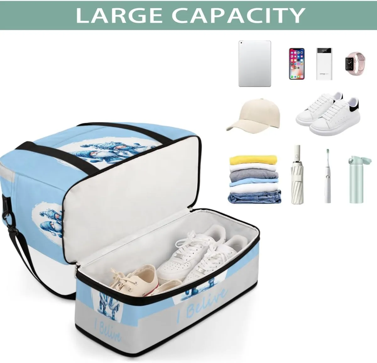 Sports Gym Bag Blue Lively Dwarf Large Travel Duffel Bag With Shoe Compartment Foldable Waterproof Carry-On Weekend Travel Bags for Camping Overnight Yoga Hospital Travel Bags