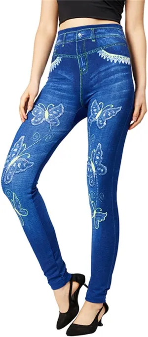 Stretch Jeans for Women Tummy Control Skinny Butterfly Print Denim Pants Comfy High Waisted Slim Fit Jeggings Tights