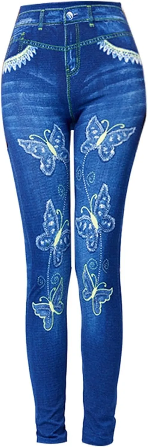 Stretch Jeans for Women Tummy Control Skinny Butterfly Print Denim Pants Comfy High Waisted Slim Fit Jeggings Tights
