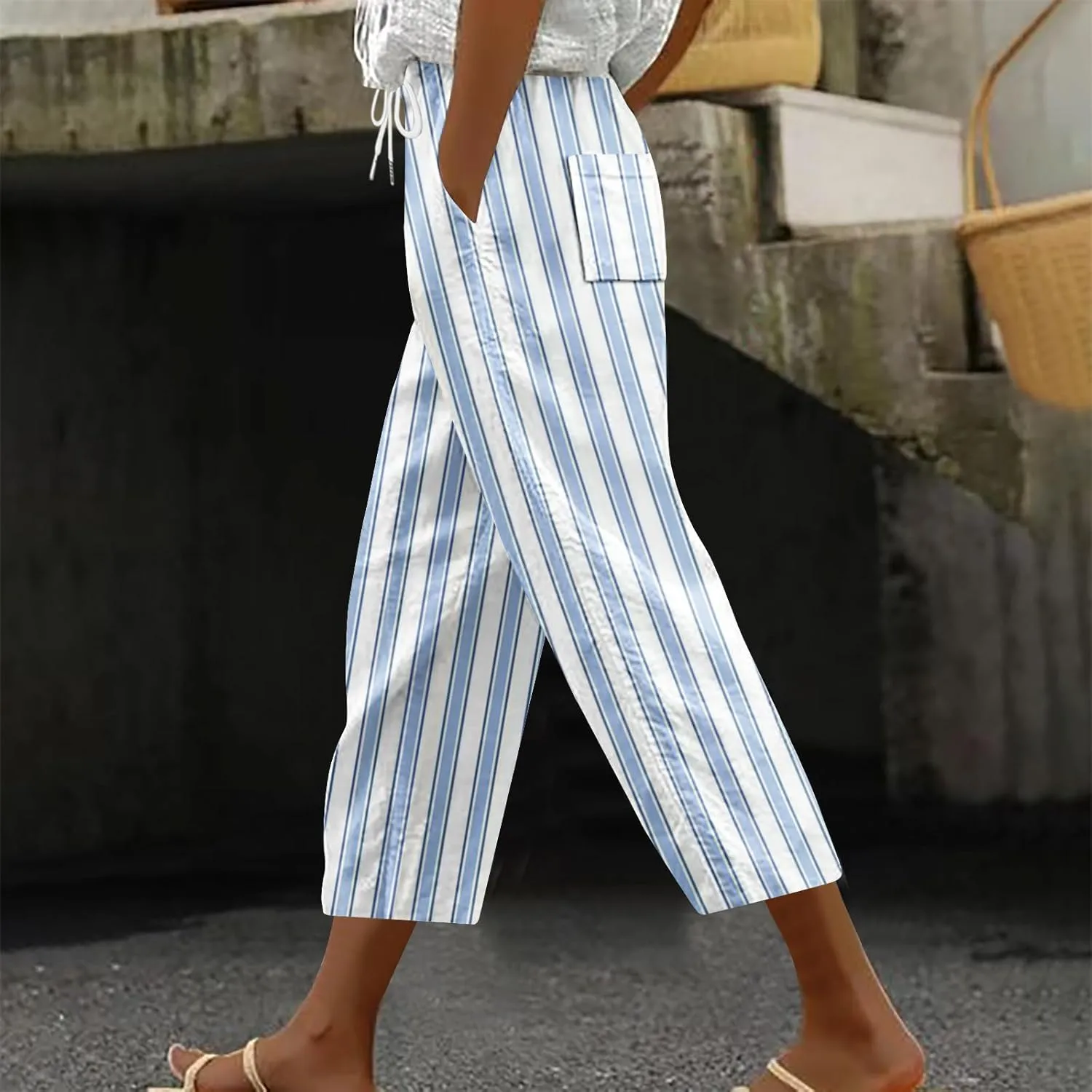 Stripe Color Block Capri Pants for Women Casual Straight Leg Capri Pants Drawstring Elastic Waist Cropped Trousers
