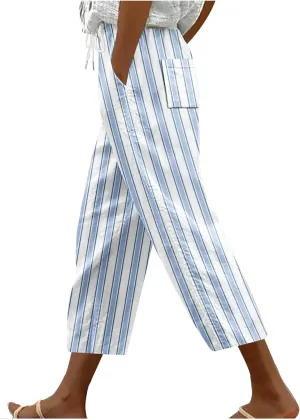 Stripe Color Block Capri Pants for Women Casual Straight Leg Capri Pants Drawstring Elastic Waist Cropped Trousers