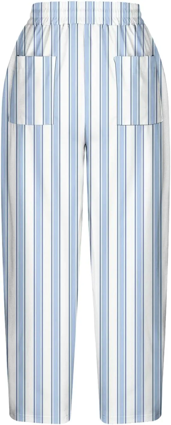Stripe Color Block Capri Pants for Women Casual Straight Leg Capri Pants Drawstring Elastic Waist Cropped Trousers