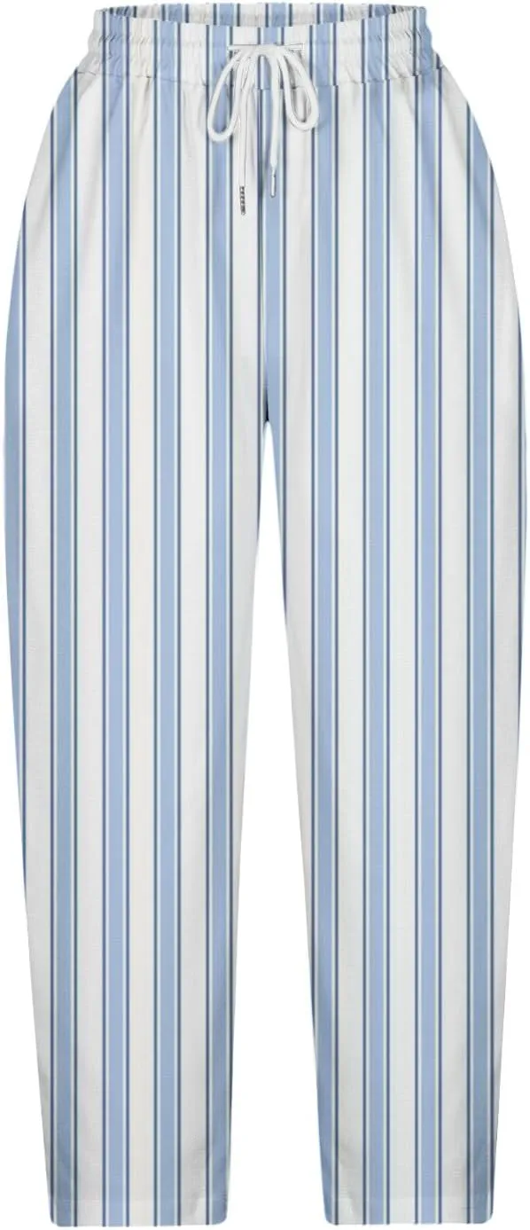 Stripe Color Block Capri Pants for Women Casual Straight Leg Capri Pants Drawstring Elastic Waist Cropped Trousers