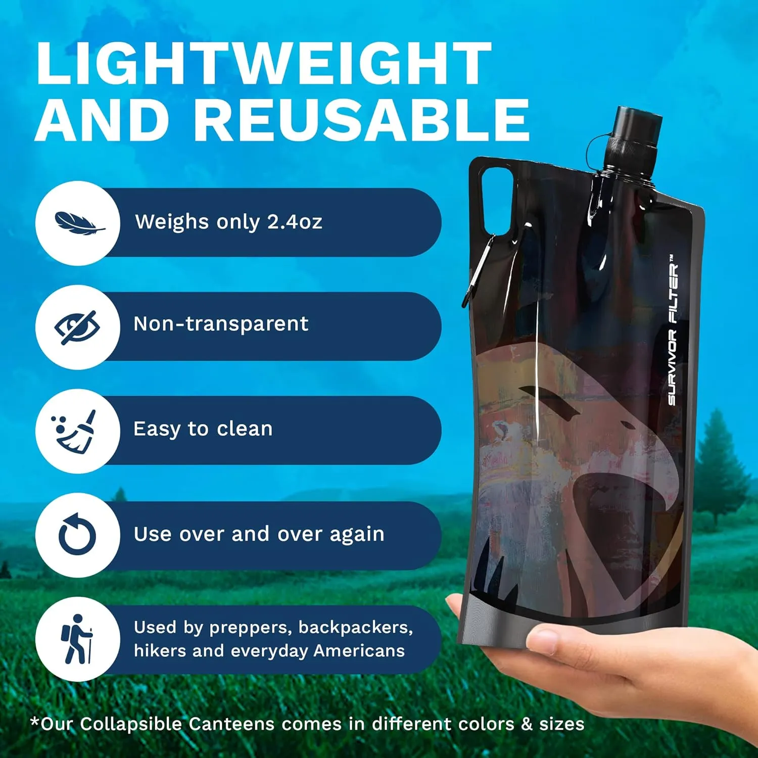 Survivor Filter 1L Black Collapsible Water Bottles - Travel, Hiking, Foldable, BPA-Free - 2 x 33oz