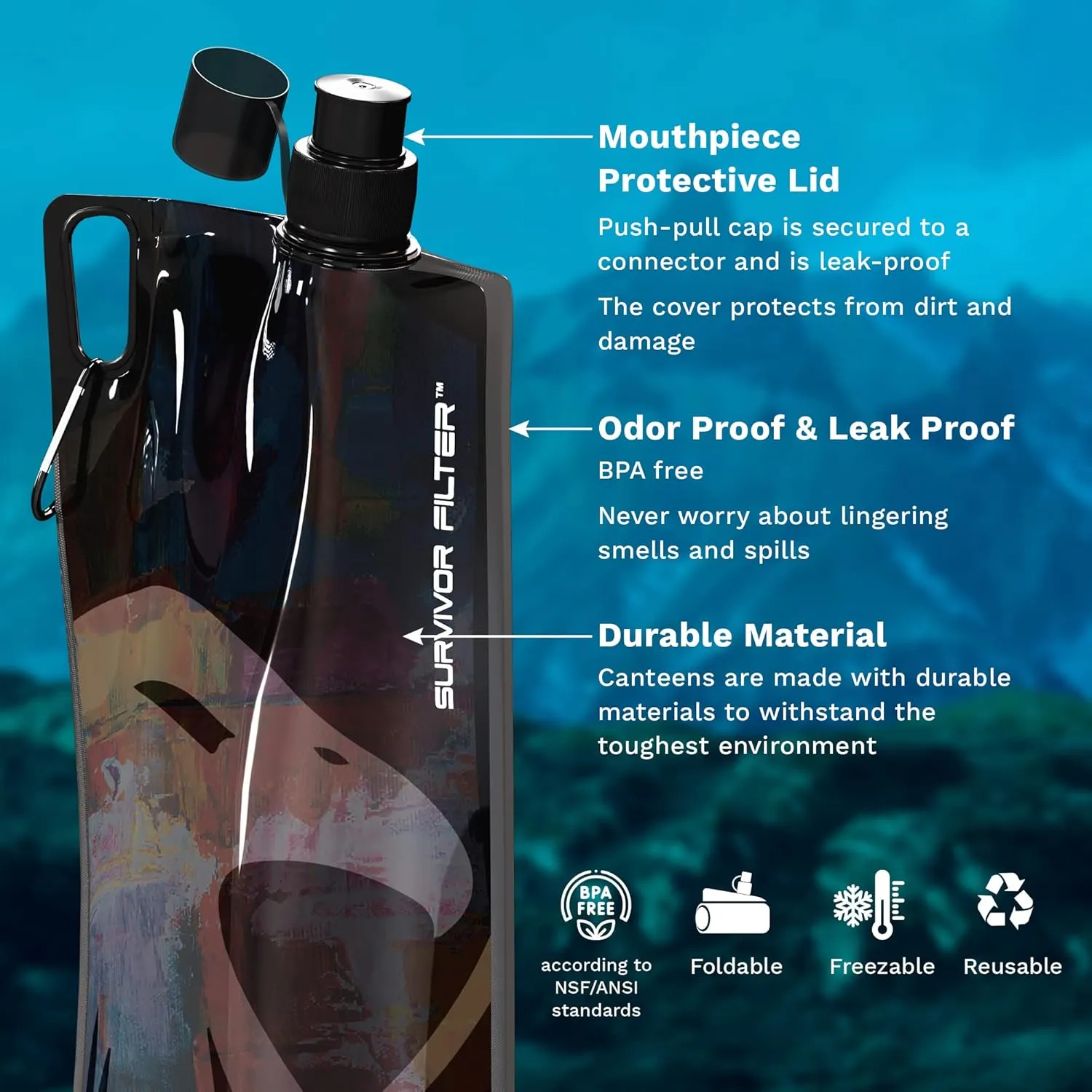 Survivor Filter 1L Black Collapsible Water Bottles - Travel, Hiking, Foldable, BPA-Free - 2 x 33oz