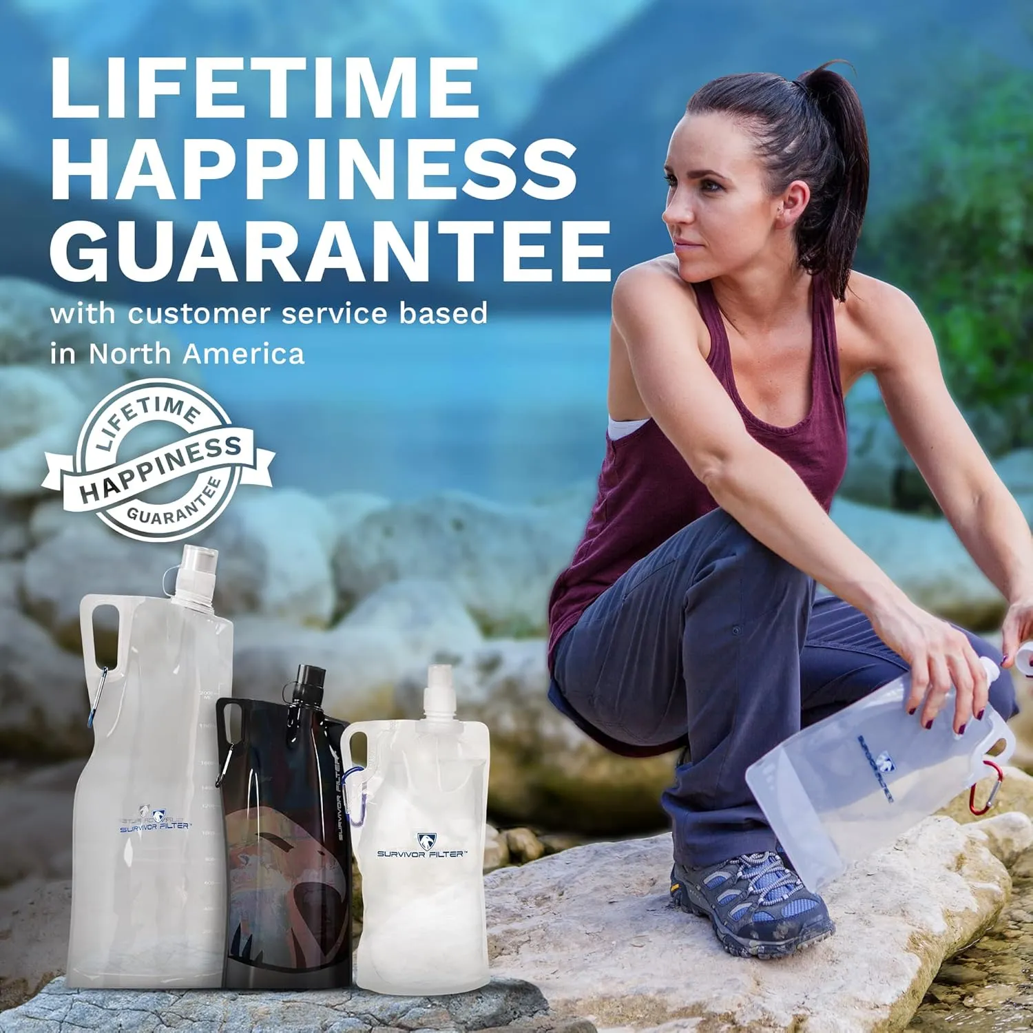 Survivor Filter 1L Black Collapsible Water Bottles - Travel, Hiking, Foldable, BPA-Free - 2 x 33oz