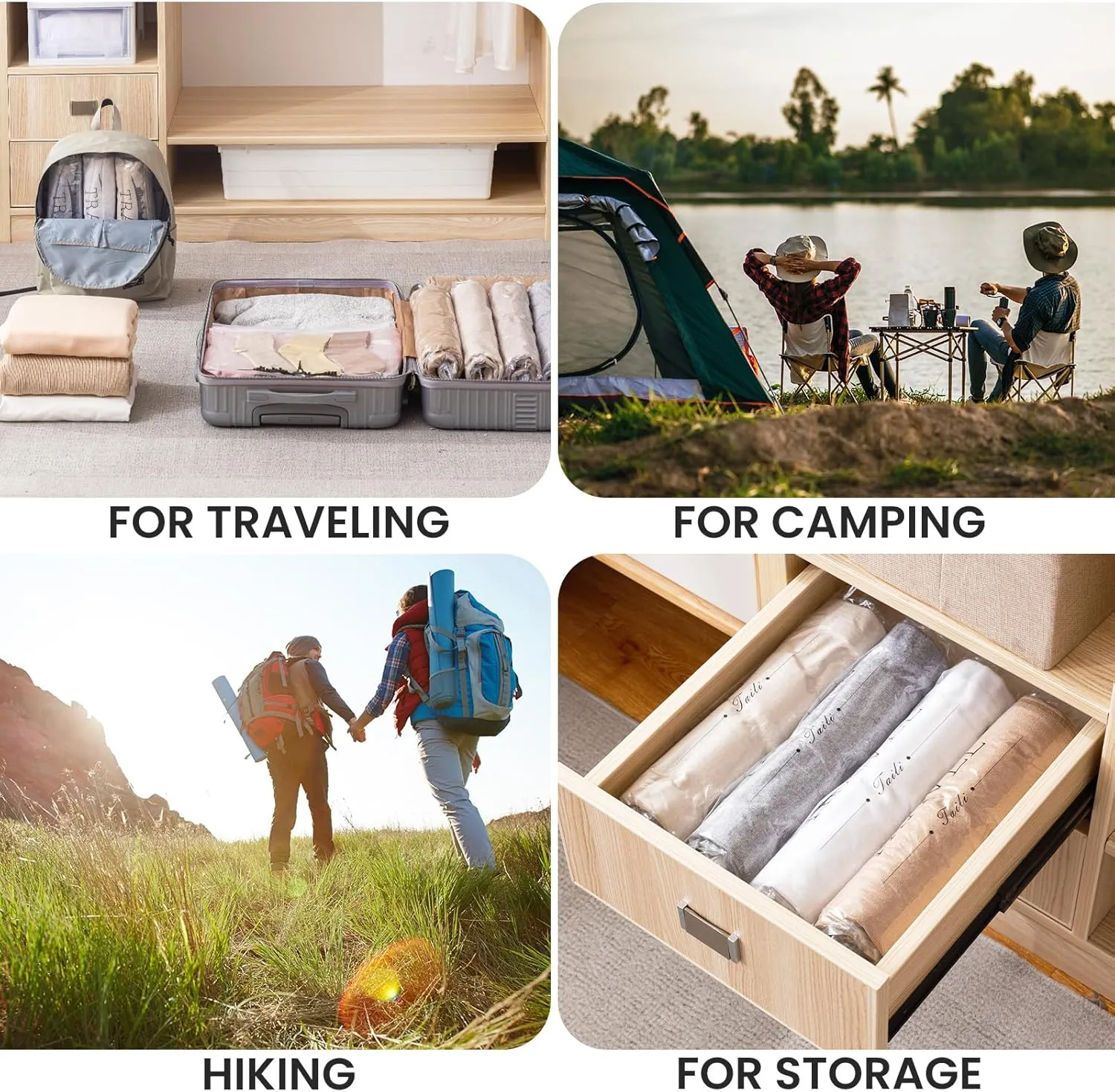 TAILI 10 Pack Travel Compression Bags, Roll Up Space Saver Bags (5 Large 5 Medium), No Vacuum Needed Reusable Packing Bags for Baggage, Suitcase, Backpack, Travel Essentials, Clear
