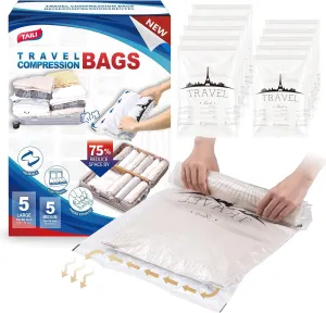 TAILI 10 Pack Travel Compression Bags, Roll Up Space Saver Bags (5 Large 5 Medium), No Vacuum Needed Reusable Packing Bags for Baggage, Suitcase, Backpack, Travel Essentials, Clear