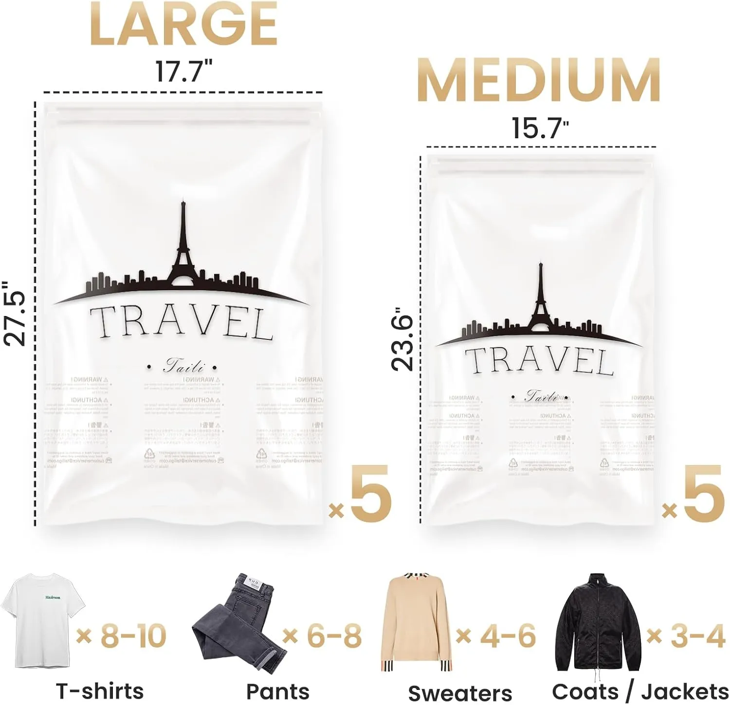 TAILI 10 Pack Travel Compression Bags, Roll Up Space Saver Bags (5 Large 5 Medium), No Vacuum Needed Reusable Packing Bags for Baggage, Suitcase, Backpack, Travel Essentials, Clear