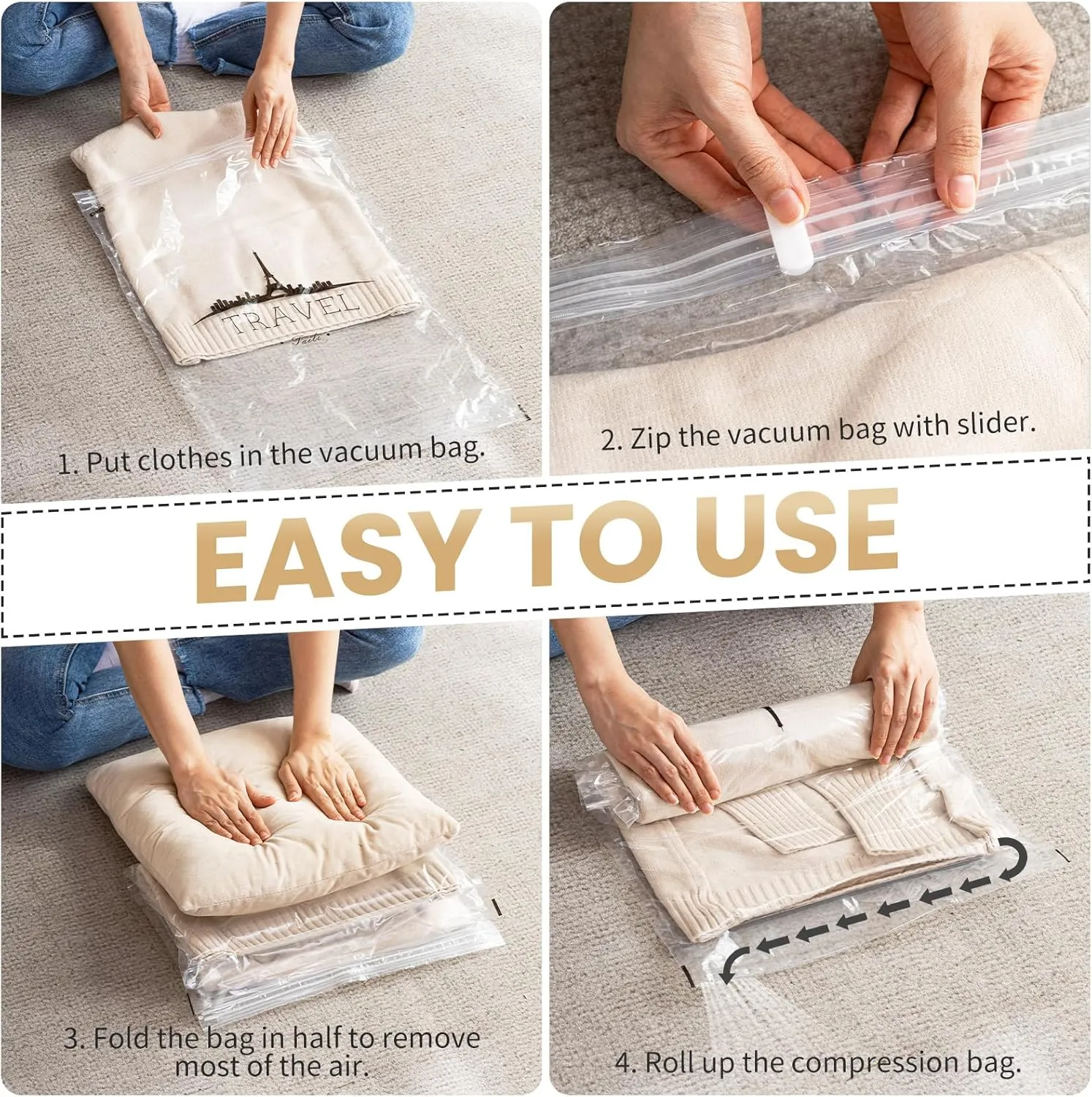 TAILI 10 Pack Travel Compression Bags, Roll Up Space Saver Bags (5 Large 5 Medium), No Vacuum Needed Reusable Packing Bags for Baggage, Suitcase, Backpack, Travel Essentials, Clear
