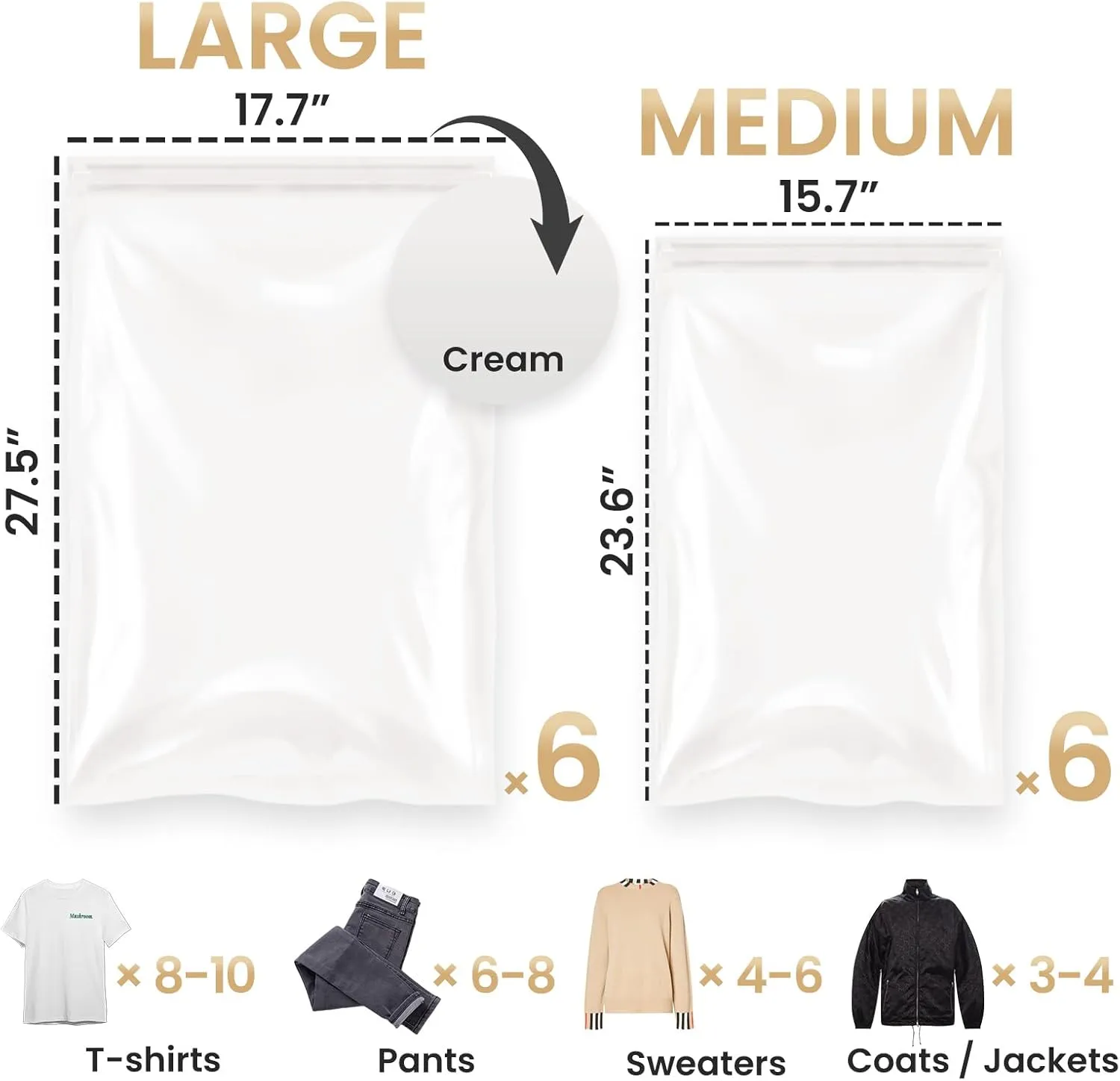 TAILI 12 Pack Travel Compression Bags, Roll Up Space Saver Bags (6 Large 6 Medium), No Vacuum Needed Reusable Packing for Luggage, Suitcase, Backpack, Travel Essentials, Cream