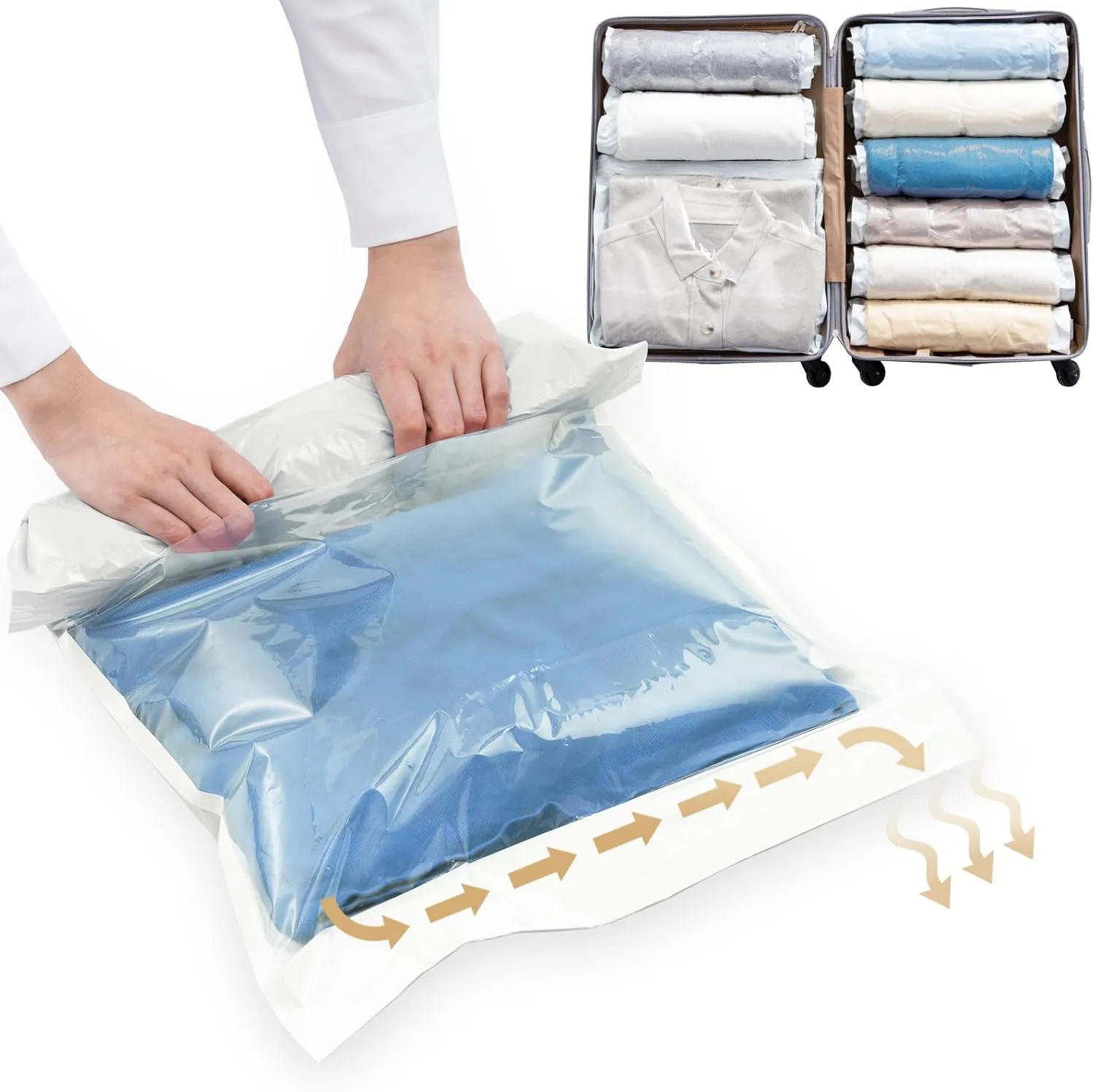TAILI 12 Pack Travel Compression Bags, Roll Up Space Saver Bags (6 Large 6 Medium), No Vacuum Needed Reusable Packing for Luggage, Suitcase, Backpack, Travel Essentials, Cream