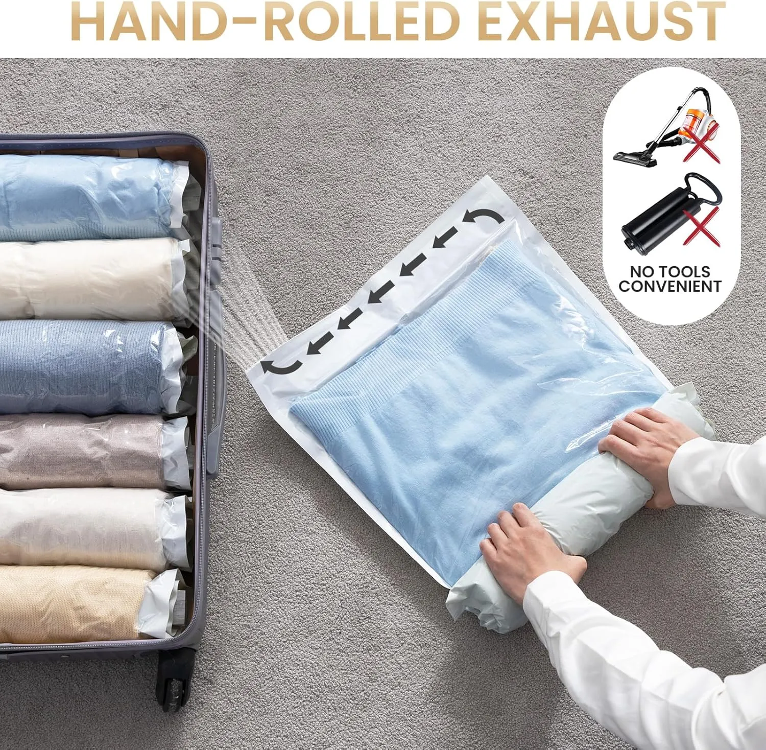 TAILI 12 Pack Travel Compression Bags, Roll Up Space Saver Bags (6 Large 6 Medium), No Vacuum Needed Reusable Packing for Luggage, Suitcase, Backpack, Travel Essentials, Cream