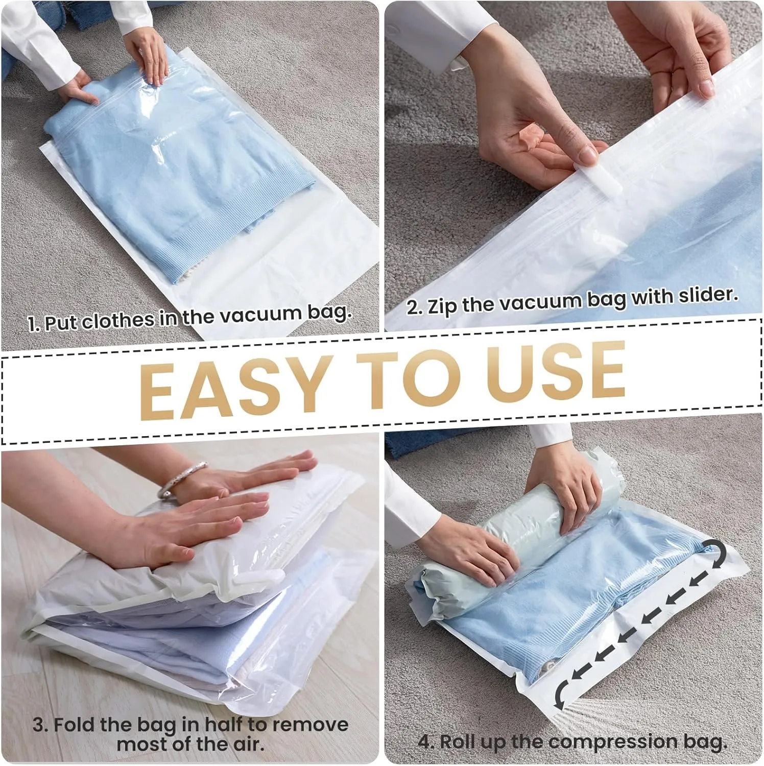 TAILI 12 Pack Travel Compression Bags, Roll Up Space Saver Bags (6 Large 6 Medium), No Vacuum Needed Reusable Packing for Luggage, Suitcase, Backpack, Travel Essentials, Cream