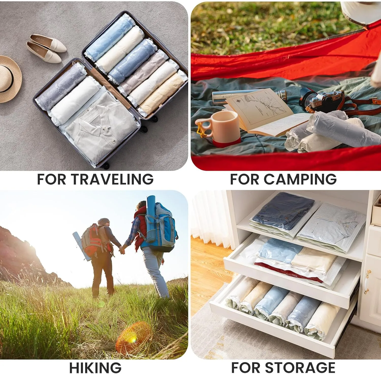 TAILI 12 Pack Travel Compression Bags, Roll Up Space Saver Bags (6 Large 6 Medium), No Vacuum Needed Reusable Packing for Luggage, Suitcase, Backpack, Travel Essentials, Cream
