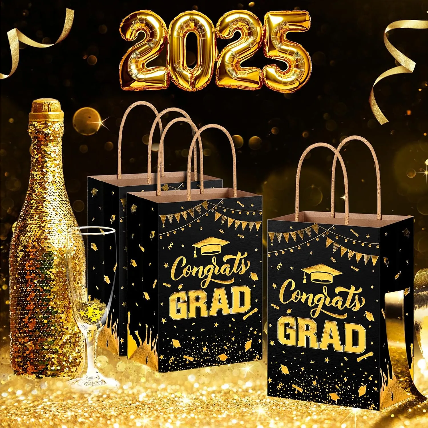 TaoBary 24 Pcs Black Gold 2025 Graduation Gift Bags Congrats Grad Bags Party Favors with Handles Graduation Treat Paper Gifts for Grad Party Supplies, 8 x 6 x 3 Inches