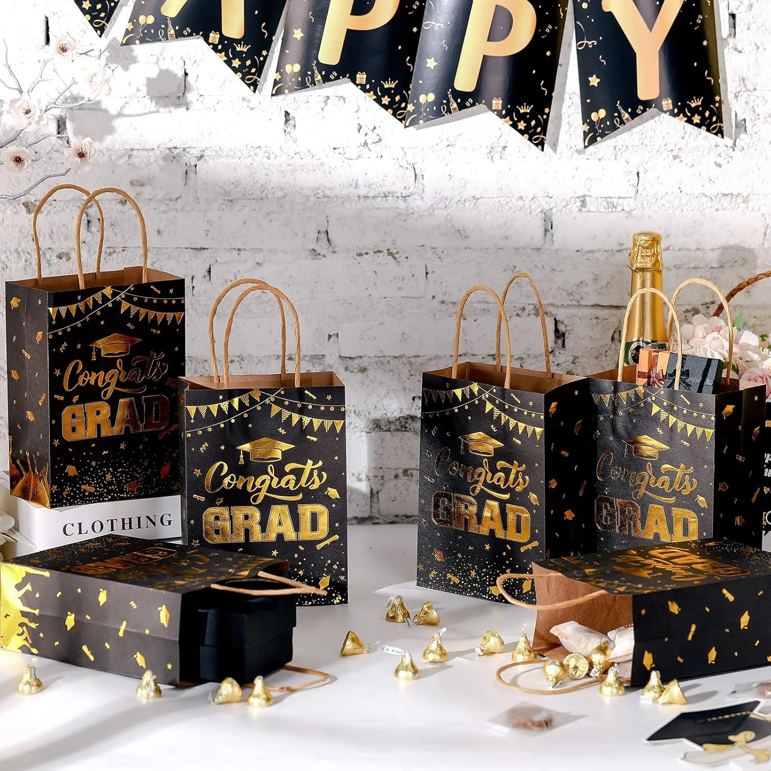 TaoBary 24 Pcs Black Gold 2025 Graduation Gift Bags Congrats Grad Bags Party Favors with Handles Graduation Treat Paper Gifts for Grad Party Supplies, 8 x 6 x 3 Inches
